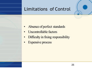 Limitations of Control
25
• Absenceofperfect standards
• Uncontrollable factors
• Difficultyin fixing responsibility
• Exp...
