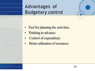 Advantages of
Budgetary control
34
• Tool for planningthe activities.
• Thinkingin advance.
• Control of expenditure
• Bet...
