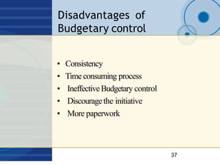 Disadvantages of
Budgetary control
37
• Consistency
• Time consuming process
• IneffectiveBudgetary control
• Discourageth...