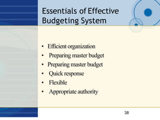 Essentials of Effective
Budgeting System
38
• Efficient organization
• Preparing master budget
• Preparing master budget
•...