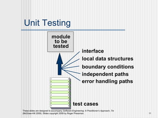These slides are designed to accompany Software Engineering: A Practitioner’s Approach, 7/e
(McGraw-Hill 2009). Slides copyright 2009 by Roger Pressman. 11
Unit Testing
interface
local data structures
boundary conditions
independent paths
error handling paths
module
to be
tested
test cases
 
