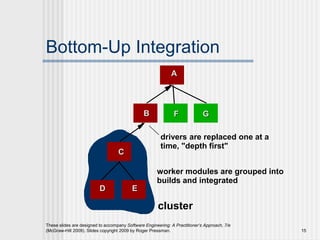 These slides are designed to accompany Software Engineering: A Practitioner’s Approach, 7/e
(McGraw-Hill 2009). Slides copyright 2009 by Roger Pressman. 15
Bottom-Up Integration
drivers are replaced one at a
time, "depth first"
worker modules are grouped into
builds and integrated
A
B
C
D E
F G
cluster
 