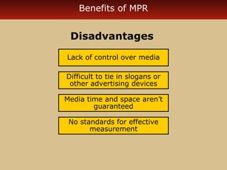 Benefits of MPR

Disadvantages
Lack of control over media
Difficult to tie in slogans or
other advertising devices
Media time and space aren’t
guaranteed
No standards for effective
measurement

 