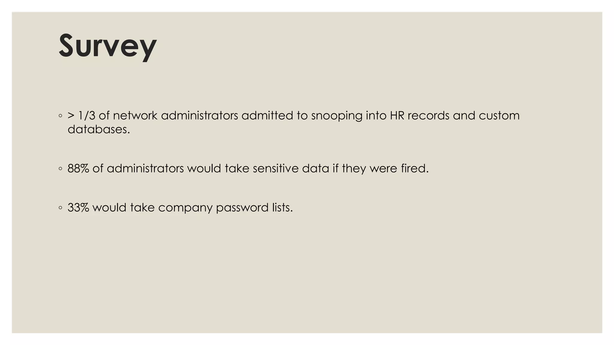Survey
◦ > 1/3 of network administrators admitted to snooping into HR records and custom
databases.
◦ 88% of administrators would take sensitive data if they were fired.
◦ 33% would take company password lists.
 