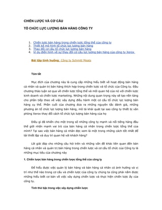 CHIẾN LƯỢC VÀ CƠ CẤU

TỔ CHỨC LỰC LƯỢNG BÁN HÀNG CÔNG TY



   1.    Chiến lược bán hàng trong chiến lược tổng thể của công ty
   2.    Thiết kế mô hình tổ chức lực lượng bán hàng
   3.    Thay đổi cơ cấu tổ chức lực lượng bán hàng
   4.    Ví dụ điển hình về sự thay đổi cơ cấu lực lượng bán hàng của công ty Xerox


        Bài tập tình huống: Công ty Schmitt Meats




        Tóm tắt


        Mục đích của chương này là cung cấp những hiểu biết về hoạt động bán hàng
cá nhân và quản trị bán hàng thích hợp trong chiến lược và tổ chức của Công ty. Đầu
chương thảo luận sơ qua về chiến lược tổng thể và mối quan hệ của nó với chiến lược
kinh doanh và chiến lược marketing. Những nội dung quan trọng này sẽ tạo nền tảng
cho phần tiếp theo về việc xây dựng điều hành một cơ cấu tổ chức lực lượng bán
hàng cụ thể. Phần cuối của chương đưa ra những nguyên tắc đánh giá, những
phương án tổ chức lực lượng bán hàng, mô tả khái quát tại sao công ty thiết bị văn
phòng Xerox thay đổi cách tổ chức lực lượng bán hàng của họ


        Điều gì đã khiến cho một trong số những công ty mạnh và nổi tiếng hàng đầu
thế giới nhấn mạnh vai trò của bán hàng cá nhân trong chiến lược tổng thể của
mình? Tại sao việc bán hàng cá nhân đợc xem là một trong những cách tốt nhất để
tái thiết lập và duy trì quan hệ với khách hàng?


        Lời giải đáp cho những câu hỏi trên và những vấn đề khác liên quan đến bán
hàng cá nhân và quản trị bán hàng trong chiến lược và cơ cấu tổ chức của Công ty là
những mục tiêu của chương này

1. Chiến lược bán hàng trong chiến lược tổng thể của công ty


        Để hiểu được việc quản lý bán hàng và bán hàng cá nhân có ảnh hưởng và vị
trí như thế nào trong cơ cấu và chiến lược của công ty chúng ta cũng phải nắm được
những hiểu biết cơ bản về việc xây dựng chiến lược và thực hiện chiến lược ấy của
công ty.

        Tính thứ bậc trong việc xây dựng chiến lược
 