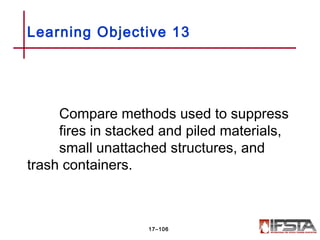 Compare methods used to suppress
fires in stacked and piled materials,
small unattached structures, and
trash containers.
Learning Objective 13
17–106
 