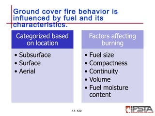 Ground cover fire behavior is
influenced by fuel and its
characteristics.
17–120
 
