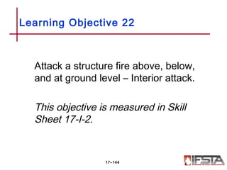 Attack a structure fire above, below,
and at ground level – Interior attack.
This objective is measured in Skill
Sheet 17-I-2.
Learning Objective 22
17–144
 