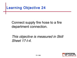 Connect supply fire hose to a fire
department connection.
This objective is measured in Skill
Sheet 17-I-4.
Learning Objective 24
17–146
 
