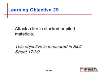 Attack a fire in stacked or piled
materials.
This objective is measured in Skill
Sheet 17-I-9.
Learning Objective 29
17–151
 
