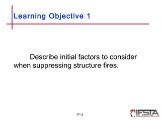 Describe initial factors to consider
when suppressing structure fires.
Learning Objective 1
17–2
 