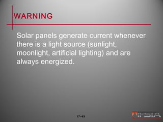 WARNING
Solar panels generate current whenever
there is a light source (sunlight,
moonlight, artificial lighting) and are
always energized.
17–49
 
