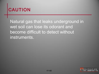 CAUTION
Natural gas that leaks underground in
wet soil can lose its odorant and
become difficult to detect without
instruments.
17–52
 