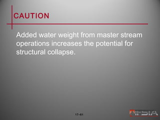 CAUTION
Added water weight from master stream
operations increases the potential for
structural collapse.
17–61
 