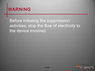 WARNING
Before initiating fire suppression
activities, stop the flow of electricity to
the device involved.
17–67
 