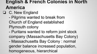 English & French Colonies in North
America
❏ C. New England
- Pilgrims wanted to break from
Church of England established
Plymouth colony
- Puritans wanted to reform joint stock
company (Massachusetts Bay Colony)
- Massachusetts Bay Colony : normal
gender balance increased population,
homogeneous, hierarchical

 