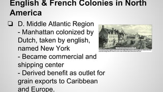 English & French Colonies in North
America
❏ D. Middle Atlantic Region
- Manhattan colonized by
Dutch, taken by english,
named New York
- Became commercial and
shipping center
- Derived benefit as outlet for
grain exports to Caribbean
and Europe.

 