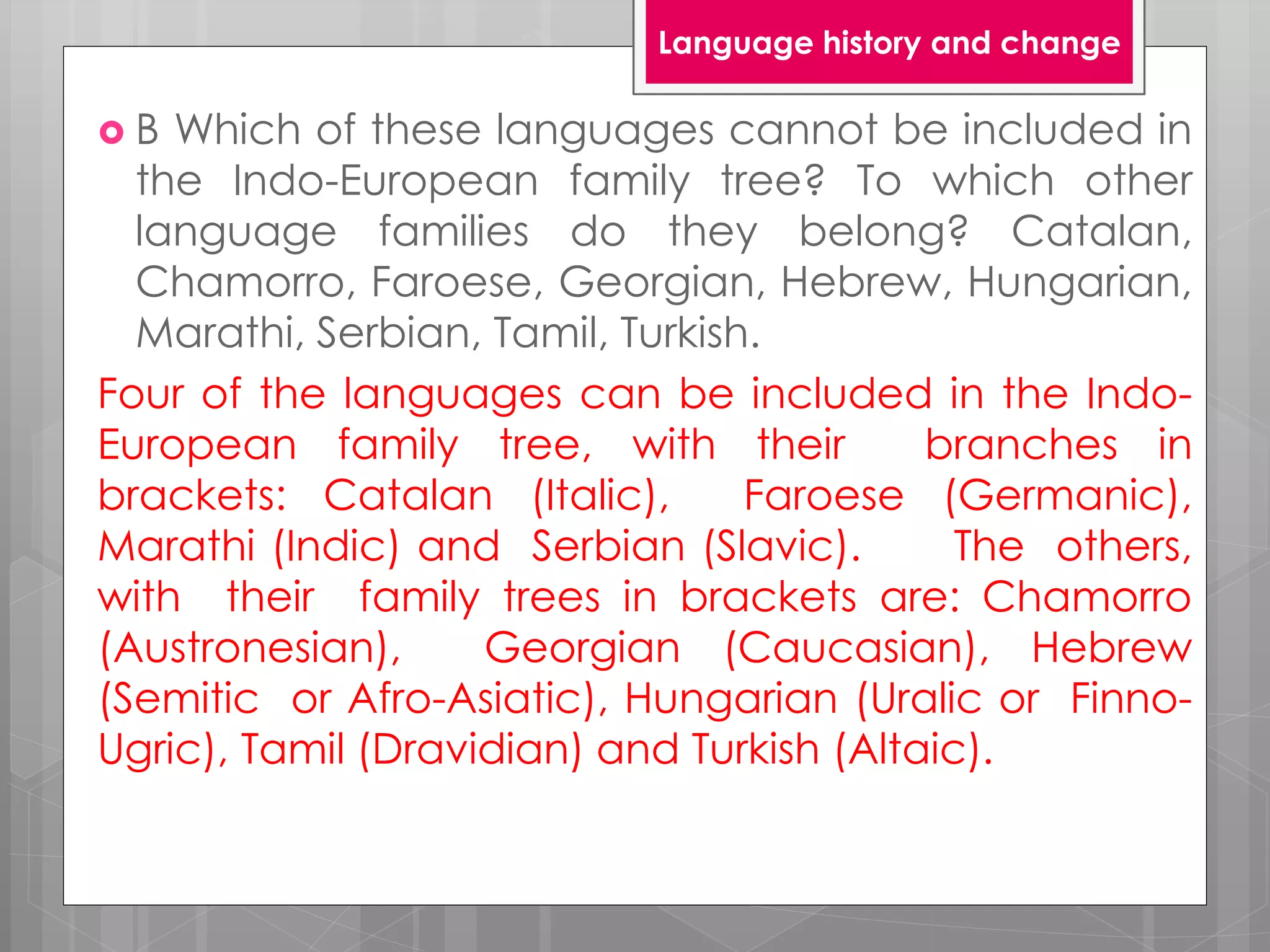  B Which of these languages cannot be included in
the Indo-European family tree? To which other
language families do they belong? Catalan,
Chamorro, Faroese, Georgian, Hebrew, Hungarian,
Marathi, Serbian, Tamil, Turkish.
Four of the languages can be included in the Indo-
European family tree, with their branches in
brackets: Catalan (Italic), Faroese (Germanic),
Marathi (Indic) and Serbian (Slavic). The others,
with their family trees in brackets are: Chamorro
(Austronesian), Georgian (Caucasian), Hebrew
(Semitic or Afro-Asiatic), Hungarian (Uralic or Finno-
Ugric), Tamil (Dravidian) and Turkish (Altaic).
Language history and change
 