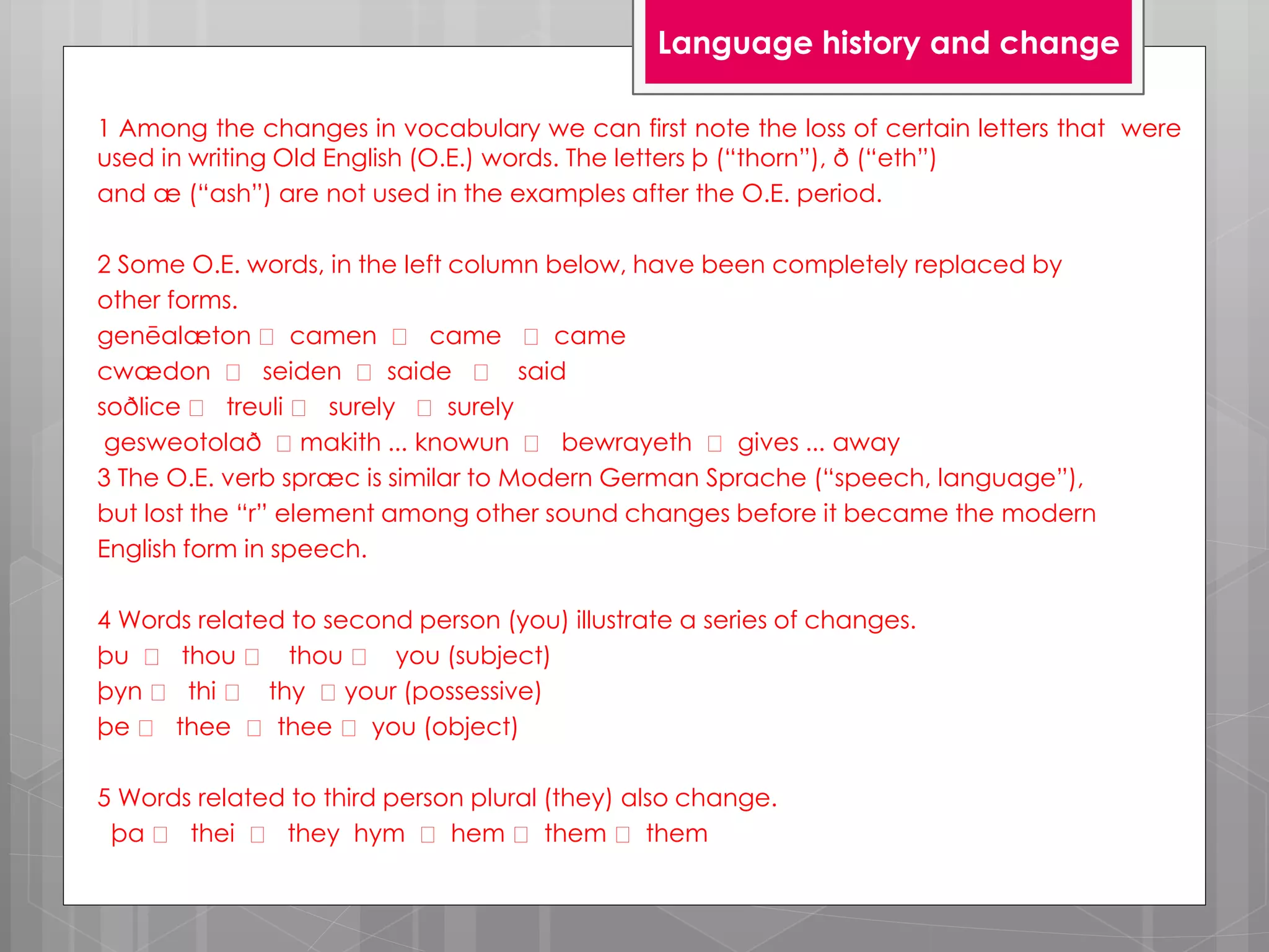 1 Among the changes in vocabulary we can first note the loss of certain letters that were
used in writing Old English (O.E.) words. The letters þ (“thorn”), ð (“eth”)
and æ (“ash”) are not used in the examples after the O.E. period.
2 Some O.E. words, in the left column below, have been completely replaced by
other forms.
genēalæton camen came came
cwædon seiden saide said
soðlice treuli surely surely
gesweotolað makith ... knowun bewrayeth gives ... away
3 The O.E. verb spræc is similar to Modern German Sprache (“speech, language”),
but lost the “r” element among other sound changes before it became the modern
English form in speech.
4 Words related to second person (you) illustrate a series of changes.
þu thou thou you (subject)
þyn thi thy your (possessive)
þe thee thee you (object)
5 Words related to third person plural (they) also change.
þa thei they hym hem them them
Language history and change
 