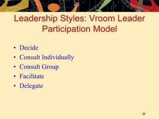 21
Leadership Styles: Vroom Leader
Participation Model
• Decide
• Consult Individually
• Consult Group
• Facilitate
• Delegate
 