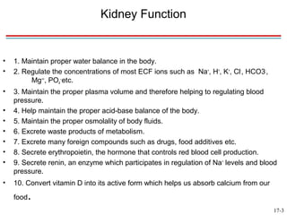 Kidney Function


•   1. Maintain proper water balance in the body.
•   2. Regulate the concentrations of most ECF ions such as Na+, H+, K+, Cl-, HCO3-,
         Mg++, PO4--etc.
•   3. Maintain the proper plasma volume and therefore helping to regulating blood
    pressure.
•   4. Help maintain the proper acid-base balance of the body.
•   5. Maintain the proper osmolality of body fluids.
•   6. Excrete waste products of metabolism.
•   7. Excrete many foreign compounds such as drugs, food additives etc.
•   8. Secrete erythropoietin, the hormone that controls red blood cell production.
•   9. Secrete renin, an enzyme which participates in regulation of Na+ levels and blood
    pressure.
•   10. Convert vitamin D into its active form which helps us absorb calcium from our
    food.
                                                                                        17-3
 