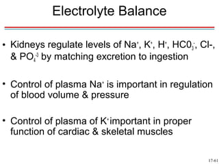 Electrolyte Balance

• Kidneys regulate levels of Na+, K+, H+, HC03-, Cl-,
  & PO4-3 by matching excretion to ingestion

• Control of plasma Na+ is important in regulation
  of blood volume & pressure

• Control of plasma of K+ important in proper
  function of cardiac & skeletal muscles

                                                   17-61
 