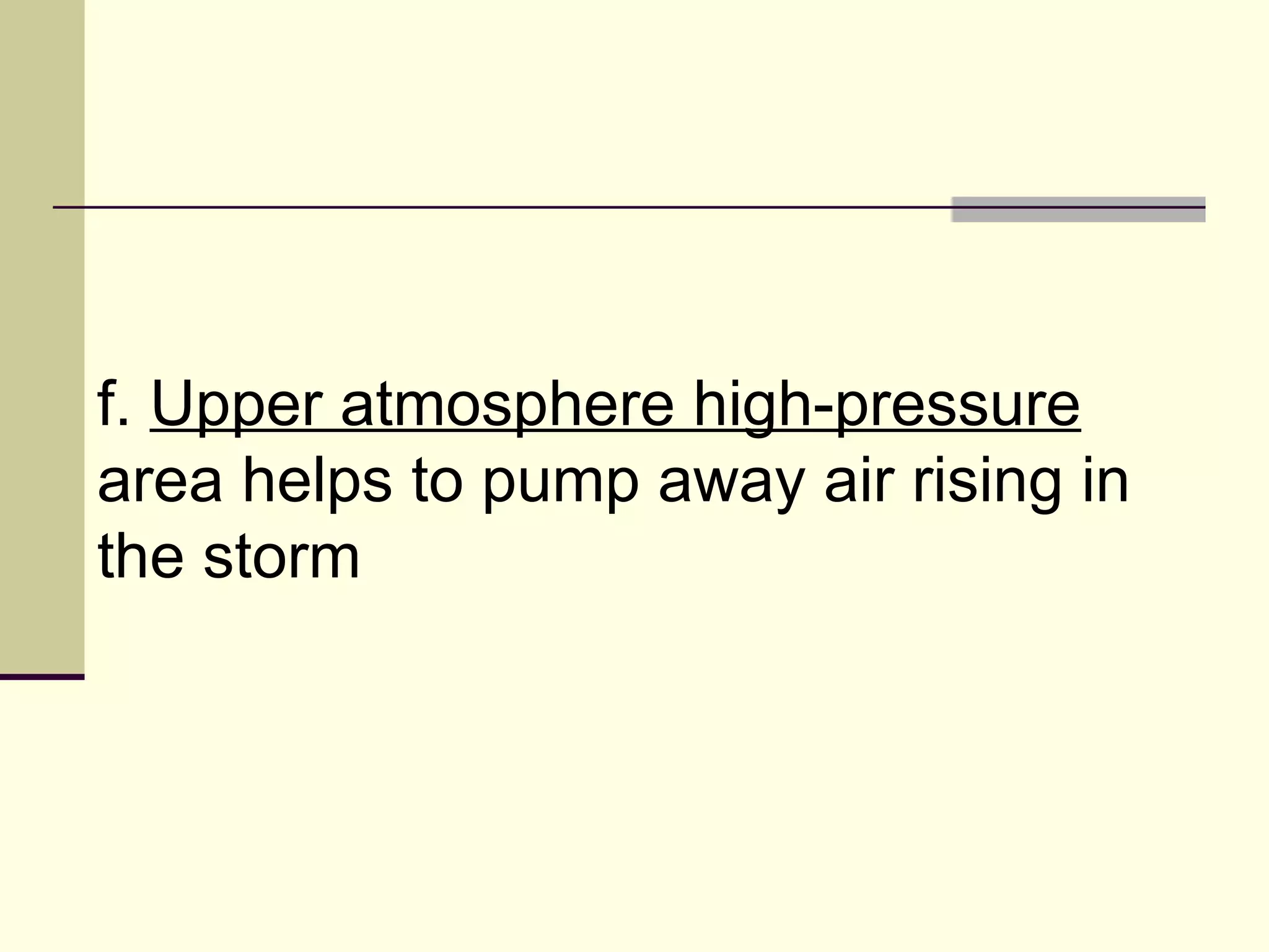 f.  Upper atmosphere high-pressure  area helps to pump away air rising in the storm  