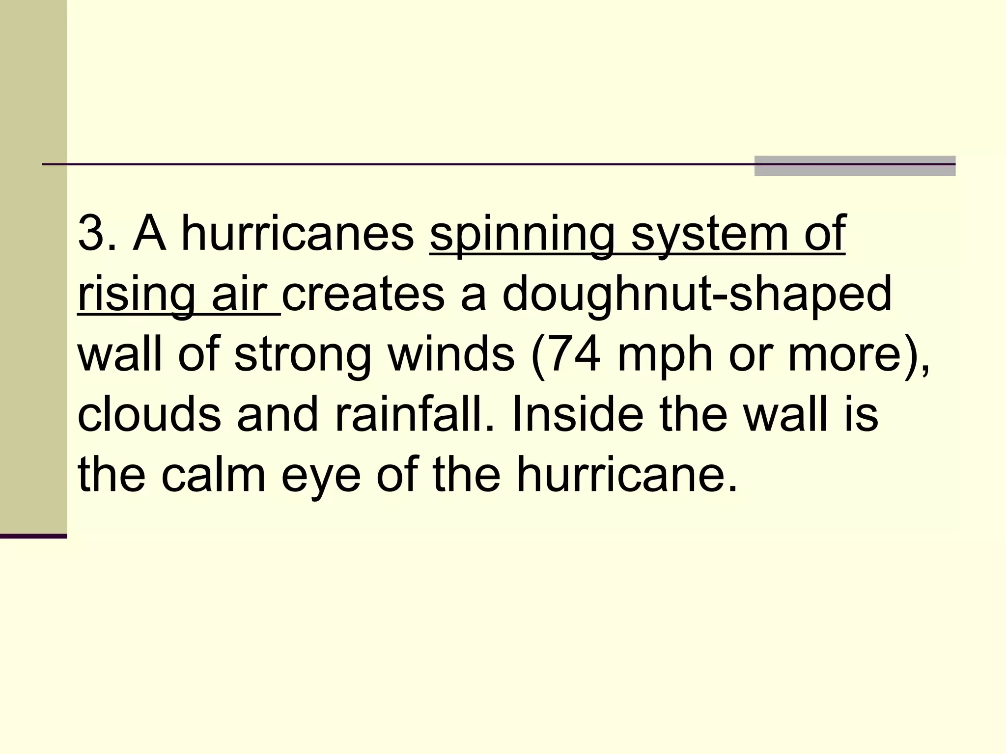 3. A hurricanes  spinning system of rising air  creates a doughnut-shaped wall of strong winds (74 mph or more), clouds and rainfall. Inside the wall is the calm eye of the hurricane.  