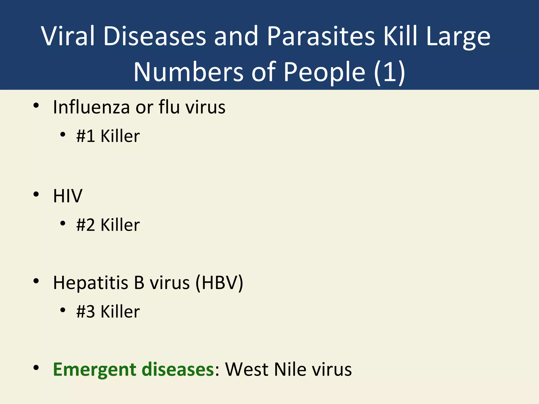 Viral Diseases and Parasites Kill Large
        Numbers of People (1)
• Influenza or flu virus
   • #1 Killer


• HIV
   • #2 Killer

• Hepatitis B virus (HBV)
   • #3 Killer

• Emergent diseases: West Nile virus
 
