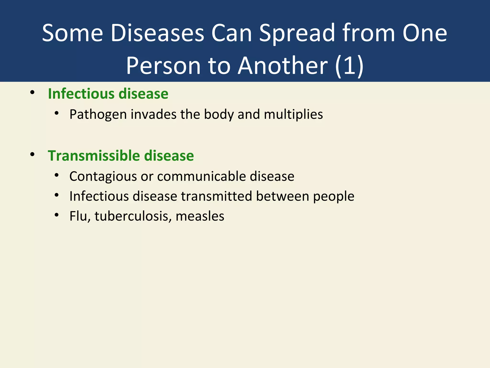 Some Diseases Can Spread from One
       Person to Another (1)
• Infectious disease
   • Pathogen invades the body and multiplies

• Transmissible disease
   • Contagious or communicable disease
   • Infectious disease transmitted between people
   • Flu, tuberculosis, measles
 