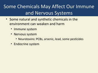 Some Chemicals May Affect Our Immune
        and Nervous Systems
• Some natural and synthetic chemicals in the
  environment can weaken and harm
   • Immune system
   • Nervous system
      • Neurotoxins: PCBs, arsenic, lead, some pesticides
   • Endocrine system
 