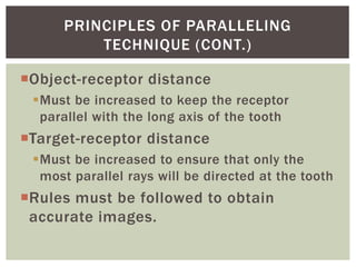 Object-receptor distance
Must be increased to keep the receptor
parallel with the long axis of the tooth
Target-receptor distance
Must be increased to ensure that only the
most parallel rays will be directed at the tooth
Rules must be followed to obtain
accurate images.
12
PRINCIPLES OF PARALLELING
TECHNIQUE (CONT.)
 