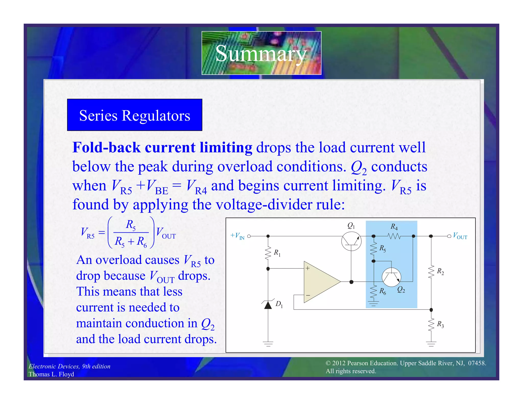© 2012 Pearson Education. Upper Saddle River, NJ, 07458.
All rights reserved.
Electronic Devices, 9th edition
Thomas L. Floyd
Series Regulators
Summary
5
R5 OUT
5 6
R
V V
R R
 
  

 
An overload causes VR5 to
drop because VOUT drops.
This means that less
current is needed to
maintain conduction in Q2
and the load current drops.
+VIN VOUT
R1
Q1
+
–
Q2
R4
D1
R3
R2
R6
R5
Fold-back current limiting drops the load current well
below the peak during overload conditions. Q2 conducts
when VR5 +VBE = VR4 and begins current limiting. VR5 is
found by applying the voltage-divider rule:
 