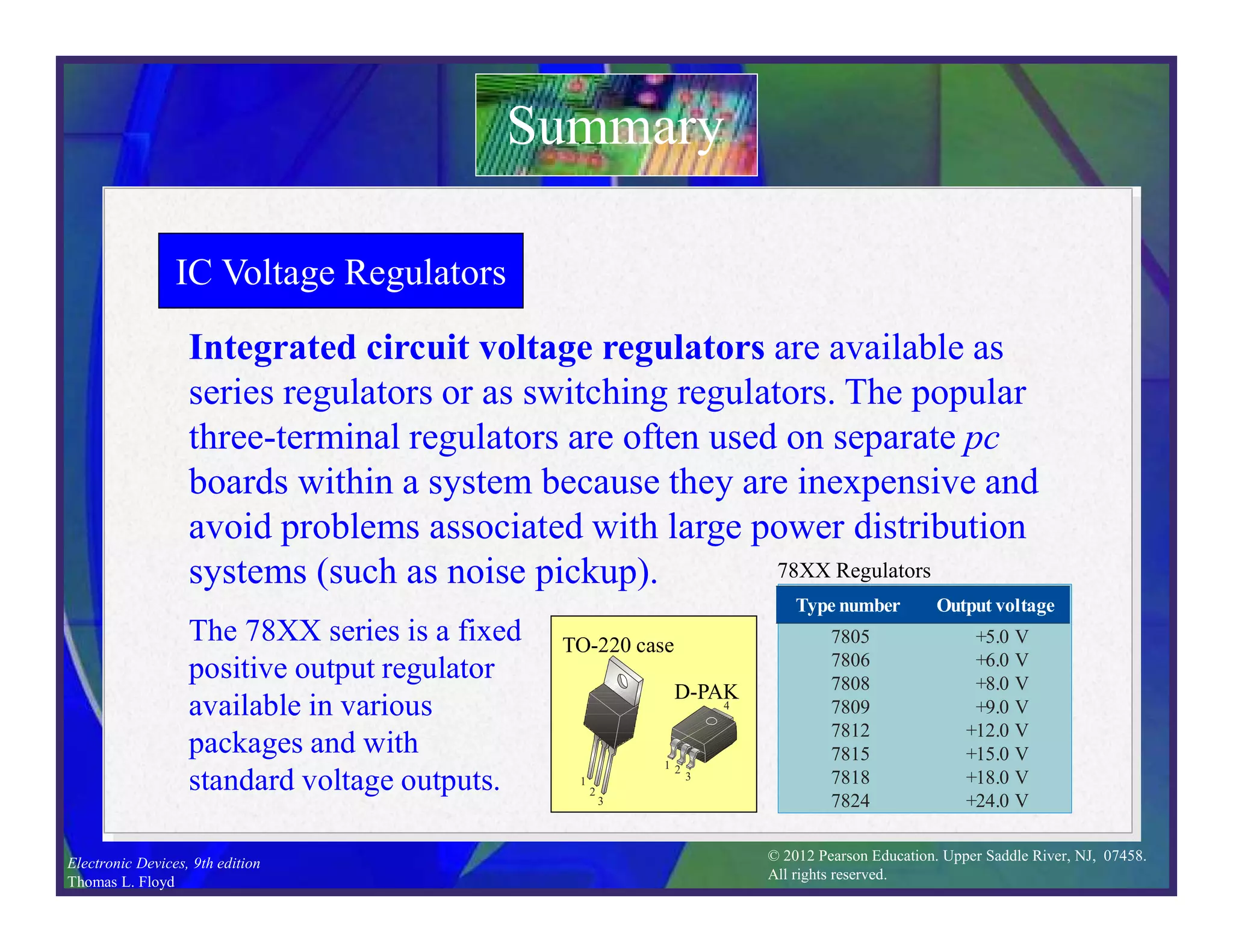 © 2012 Pearson Education. Upper Saddle River, NJ, 07458.
All rights reserved.
Electronic Devices, 9th edition
Thomas L. Floyd
IC Voltage Regulators
Integrated circuit voltage regulators are available as
series regulators or as switching regulators. The popular
three-terminal regulators are often used on separate pc
boards within a system because they are inexpensive and
avoid problems associated with large power distribution
systems (such as noise pickup).
Summary
1
2
3
1 2
3
4
Type number Output voltage
7805
7806
7808
7809
7812
7815
7818
7824
+5.0 V
+6.0 V
+8.0 V
+9.0 V
+12.0 V
+15.0 V
+18.0 V
+24.0 V
78XX Regulators
The 78XX series is a fixed
positive output regulator
available in various
packages and with
standard voltage outputs.
TO-220 case
D-PAK
 