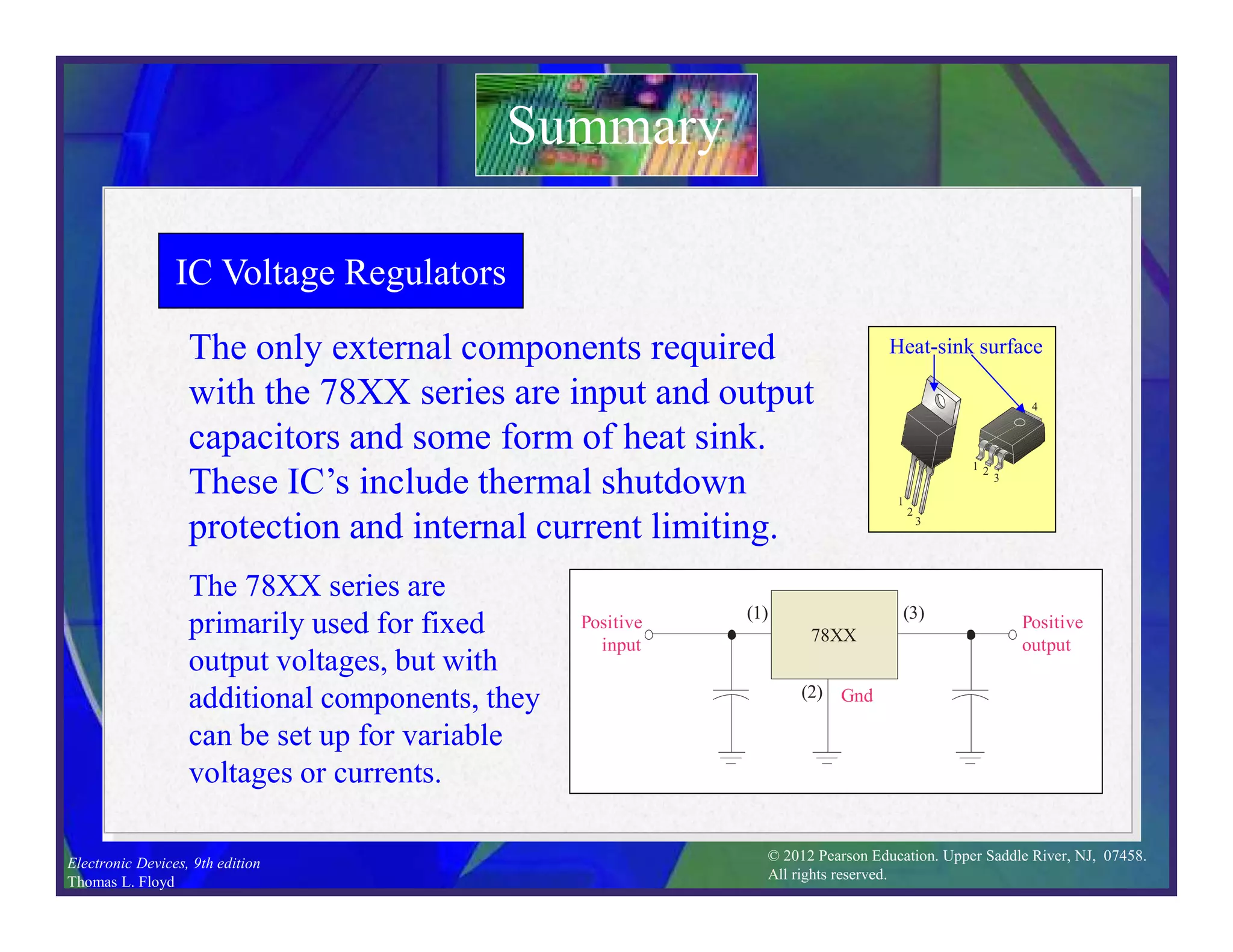 © 2012 Pearson Education. Upper Saddle River, NJ, 07458.
All rights reserved.
Electronic Devices, 9th edition
Thomas L. Floyd
IC Voltage Regulators
The only external components required
with the 78XX series are input and output
capacitors and some form of heat sink.
These IC’s include thermal shutdown
protection and internal current limiting.
Summary
Positive
input
Gnd
Positive
output
78XX
(1)
(2)
(3)
The 78XX series are
primarily used for fixed
output voltages, but with
additional components, they
can be set up for variable
voltages or currents.
1
2
3
1 2
3
4
Heat-sink surface
 