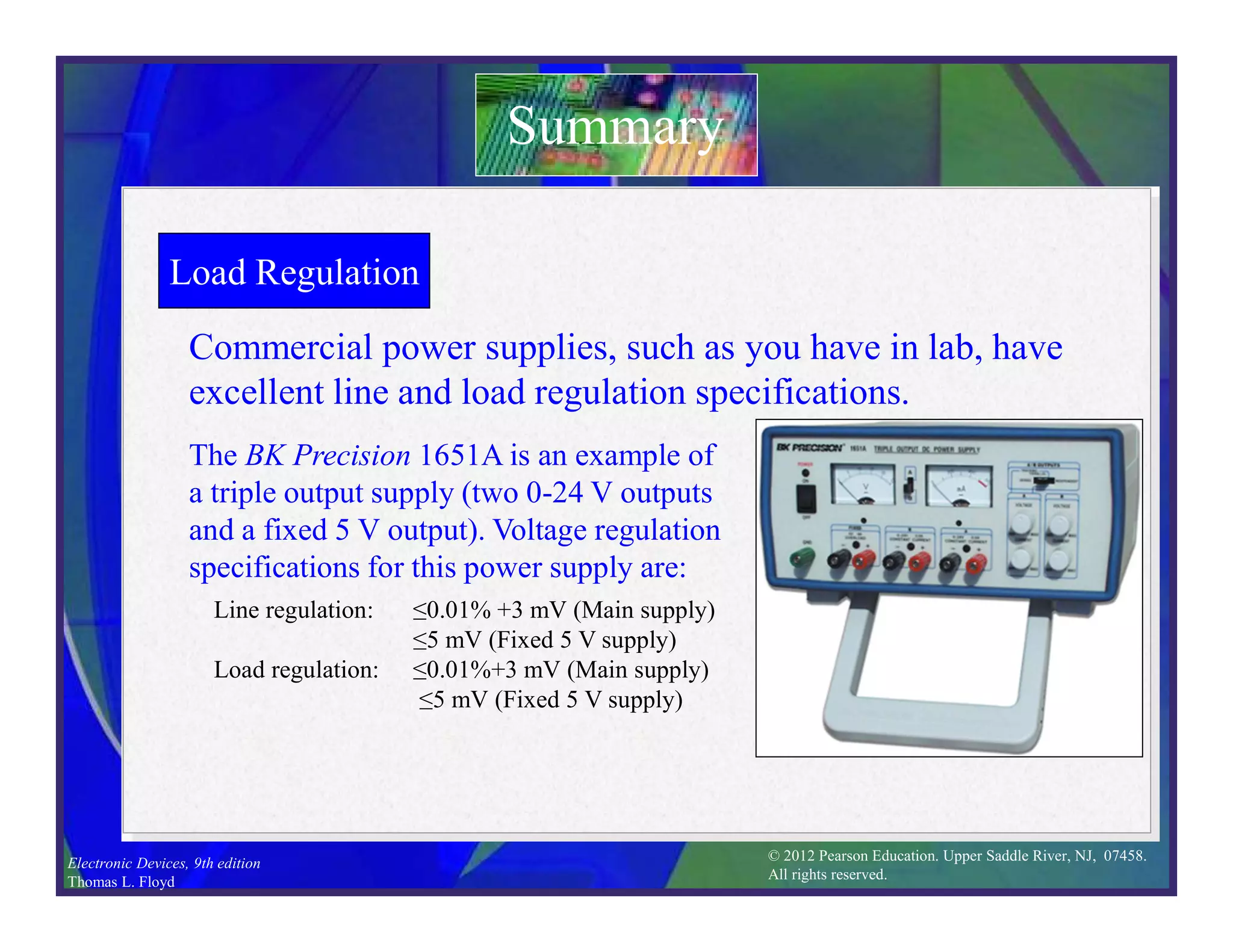 © 2012 Pearson Education. Upper Saddle River, NJ, 07458.
All rights reserved.
Electronic Devices, 9th edition
Thomas L. Floyd
Load Regulation
Summary
Commercial power supplies, such as you have in lab, have
excellent line and load regulation specifications.
The BK Precision 1651A is an example of
a triple output supply (two 0-24 V outputs
and a fixed 5 V output). Voltage regulation
specifications for this power supply are:
Line regulation: ≤0.01% +3 mV (Main supply)
≤5 mV (Fixed 5 V supply)
Load regulation: ≤0.01%+3 mV (Main supply)
≤5 mV (Fixed 5 V supply)
 