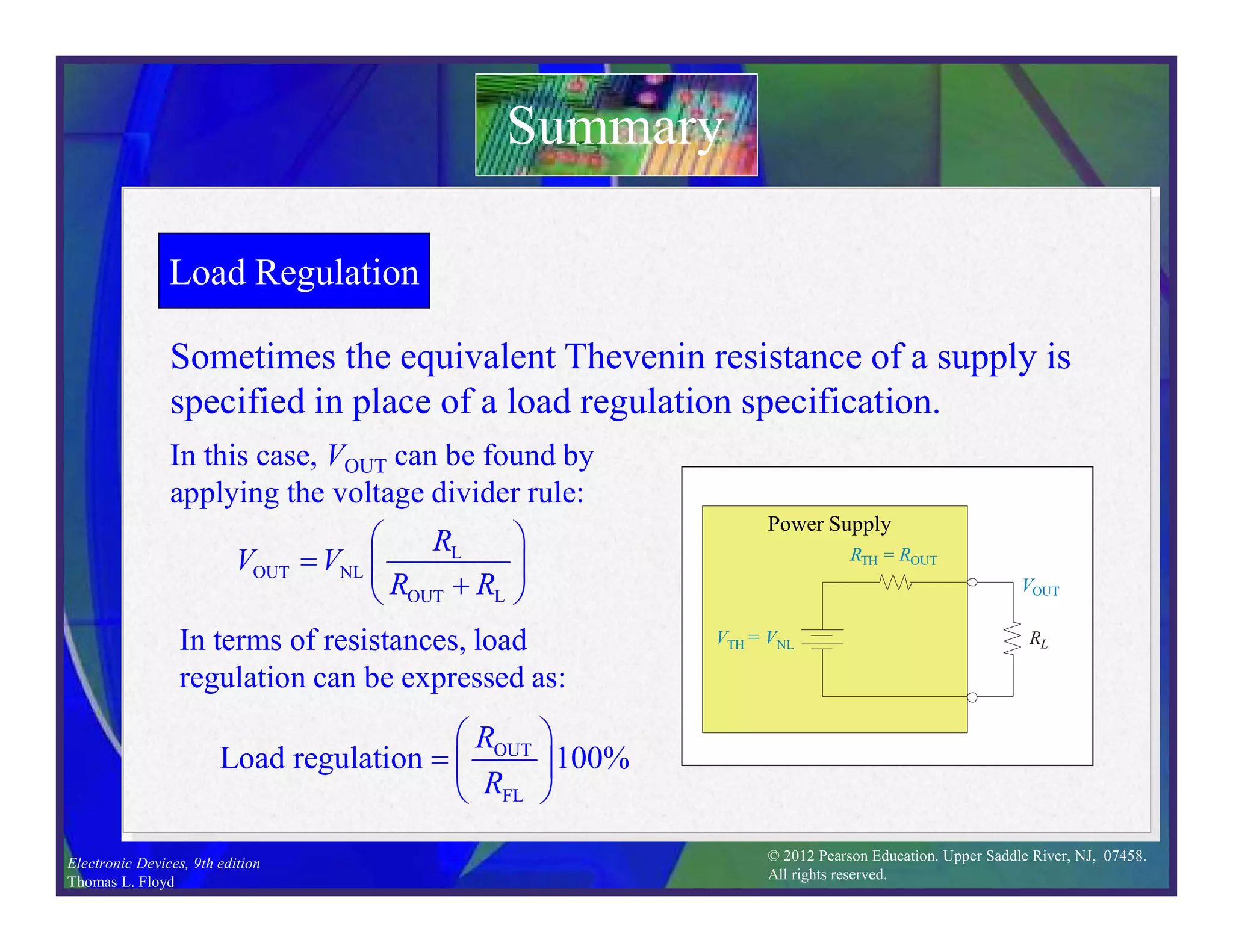 © 2012 Pearson Education. Upper Saddle River, NJ, 07458.
All rights reserved.
Electronic Devices, 9th edition
Thomas L. Floyd
Load Regulation
Sometimes the equivalent Thevenin resistance of a supply is
specified in place of a load regulation specification.
Summary
RTH = ROUT
RL
VTH = VNL
VOUT
Power Supply
In this case, VOUT can be found by
applying the voltage divider rule:
L
OUT NL
OUT L
R
V V
R R
 
  

 
In terms of resistances, load
regulation can be expressed as:
OUT
FL
Load regulation 100%
R
R
 
  
 
 