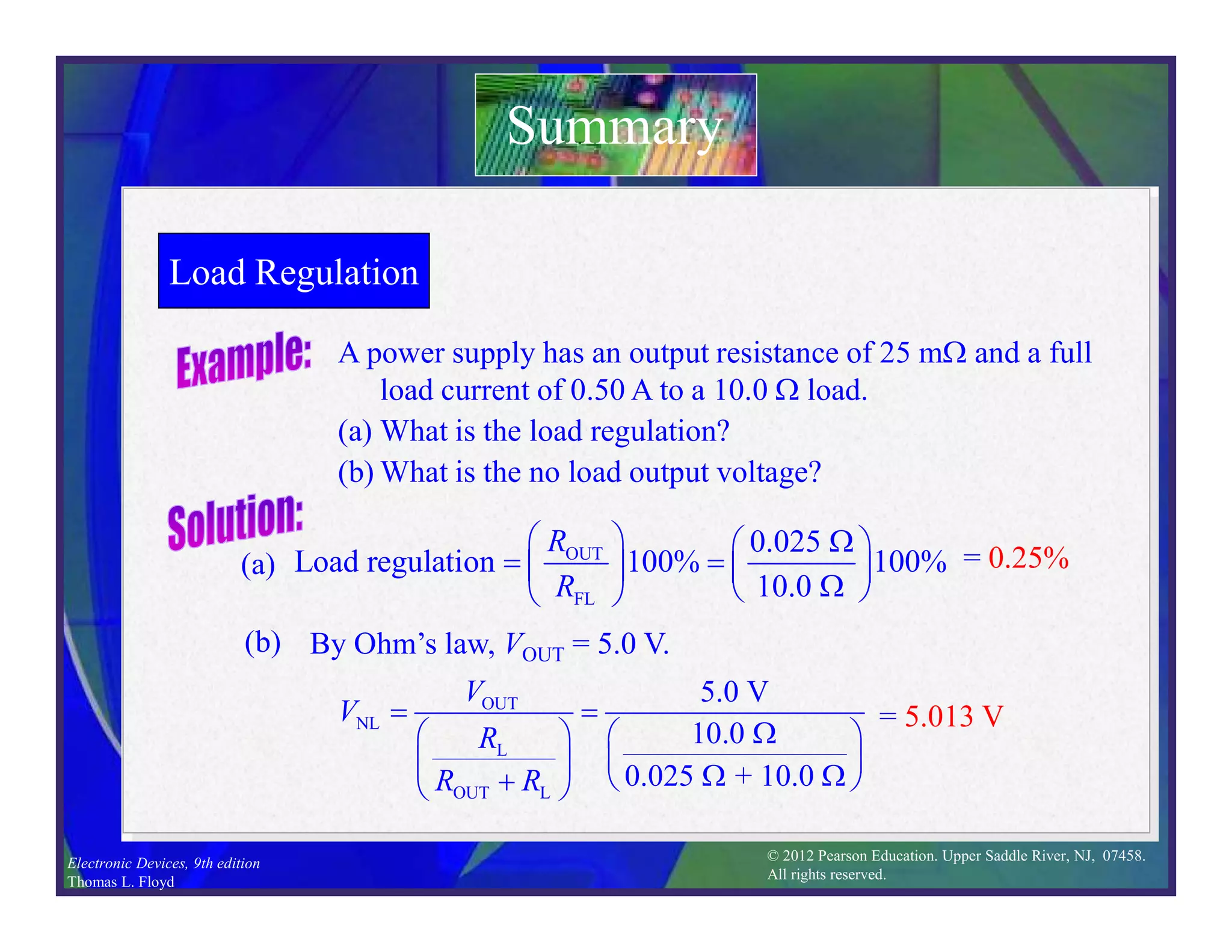 © 2012 Pearson Education. Upper Saddle River, NJ, 07458.
All rights reserved.
Electronic Devices, 9th edition
Thomas L. Floyd
Load Regulation
Summary
A power supply has an output resistance of 25 mW and a full
load current of 0.50 A to a 10.0 W load.
(a) What is the load regulation?
(b) What is the no load output voltage?
OUT
FL
0.025
Load regulation 100% 100%
10.0
R
R
  W
 
 
   
W
 
 
= 0.25%
(a)
(b) By Ohm’s law, VOUT = 5.0 V.
OUT
NL
L
OUT L
5.0 V
10.0
0.025 + 10.0
V
V
R
R R
 
W
   
 
  W W
 

 
= 5.013 V
 