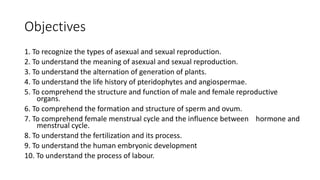 Objectives
1. To recognize the types of asexual and sexual reproduction.
2. To understand the meaning of asexual and sexual reproduction.
3. To understand the alternation of generation of plants.
4. To understand the life history of pteridophytes and angiospermae.
5. To comprehend the structure and function of male and female reproductive
organs.
6. To comprehend the formation and structure of sperm and ovum.
7. To comprehend female menstrual cycle and the influence between hormone and
menstrual cycle.
8. To understand the fertilization and its process.
9. To understand the human embryonic development
10. To understand the process of labour.
 