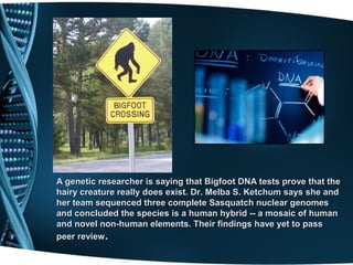 A genetic researcher is saying that Bigfoot DNA tests prove that the
hairy creature really does exist. Dr. Melba S. Ketchum says she and
her team sequenced three complete Sasquatch nuclear genomes
and concluded the species is a human hybrid -- a mosaic of human
and novel non-human elements. Their findings have yet to pass
peer review .
 