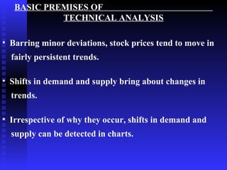 BASIC PREMISES OF
            TECHNICAL ANALYSIS

• Barring minor deviations, stock prices tend to move in
  fairly persistent trends.

• Shifts in demand and supply bring about changes in
  trends.

• Irrespective of why they occur, shifts in demand and
  supply can be detected in charts.
 