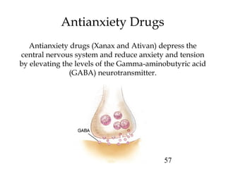 57
Antianxiety Drugs
Antianxiety drugs (Xanax and Ativan) depress the
central nervous system and reduce anxiety and tension
by elevating the levels of the Gamma-aminobutyric acid
(GABA) neurotransmitter.
 