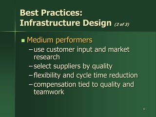 Best Practices:
Infrastructure Design (2 of 3)
   Medium performers
    – use customer input and market
      research
    – select suppliers by quality
    – flexibility and cycle time reduction
    – compensation tied to quality and
      teamwork

                                             12
 
