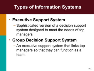 Types of Information Systems Executive Support System   Sophisticated version of a decision support system designed to meet the needs of top managers Group Decision Support System An executive support system that links top managers so that they can function as a team. 