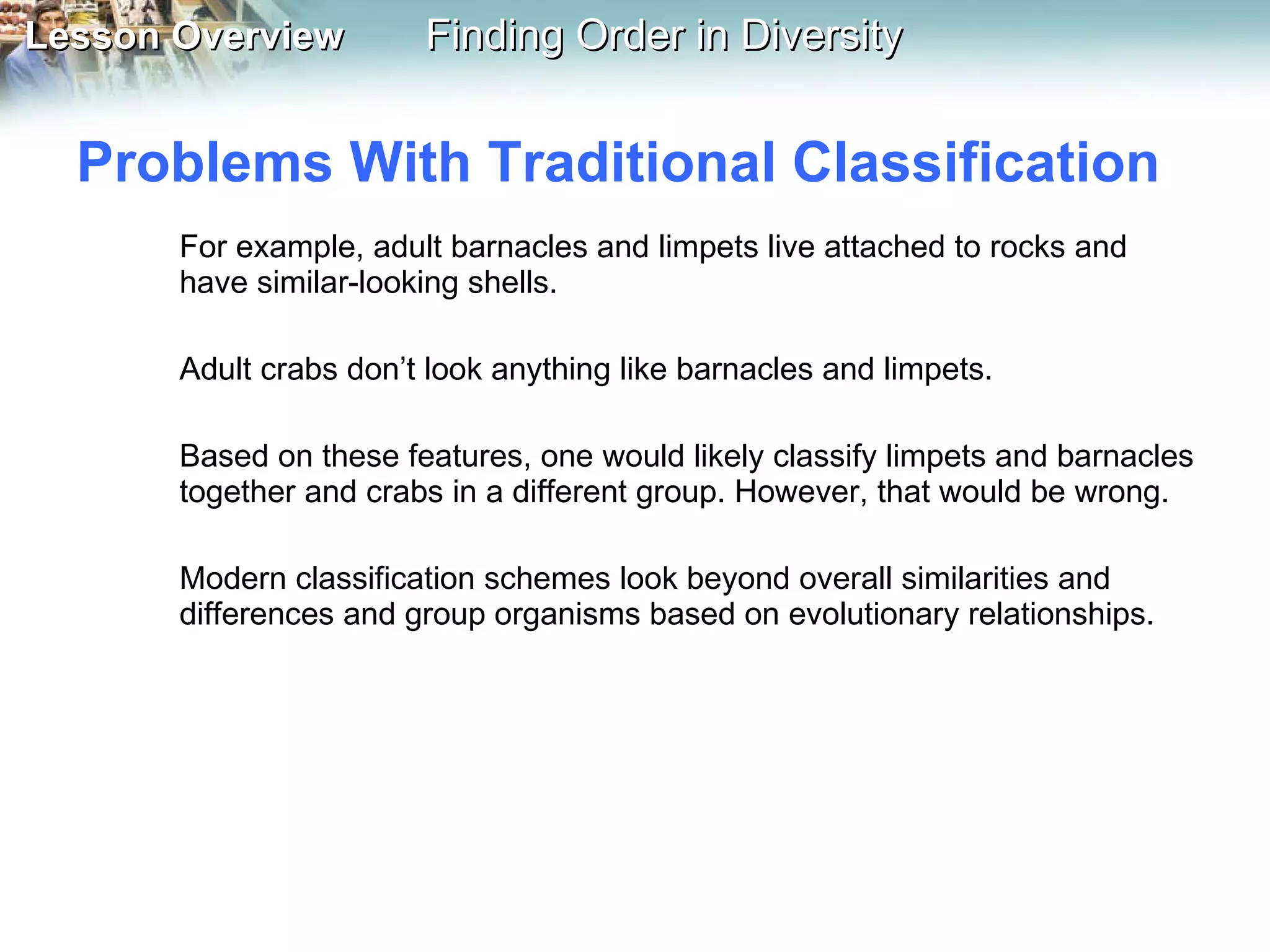 Problems With Traditional Classification  For example, adult barnacles and limpets live attached to rocks and have similar-looking shells.  Adult crabs don’t look anything like barnacles and limpets. Based on these features, one would likely classify limpets and barnacles together and crabs in a different group. However, that would be wrong.  Modern classification schemes look beyond overall similarities and differences and group organisms based on evolutionary relationships. 