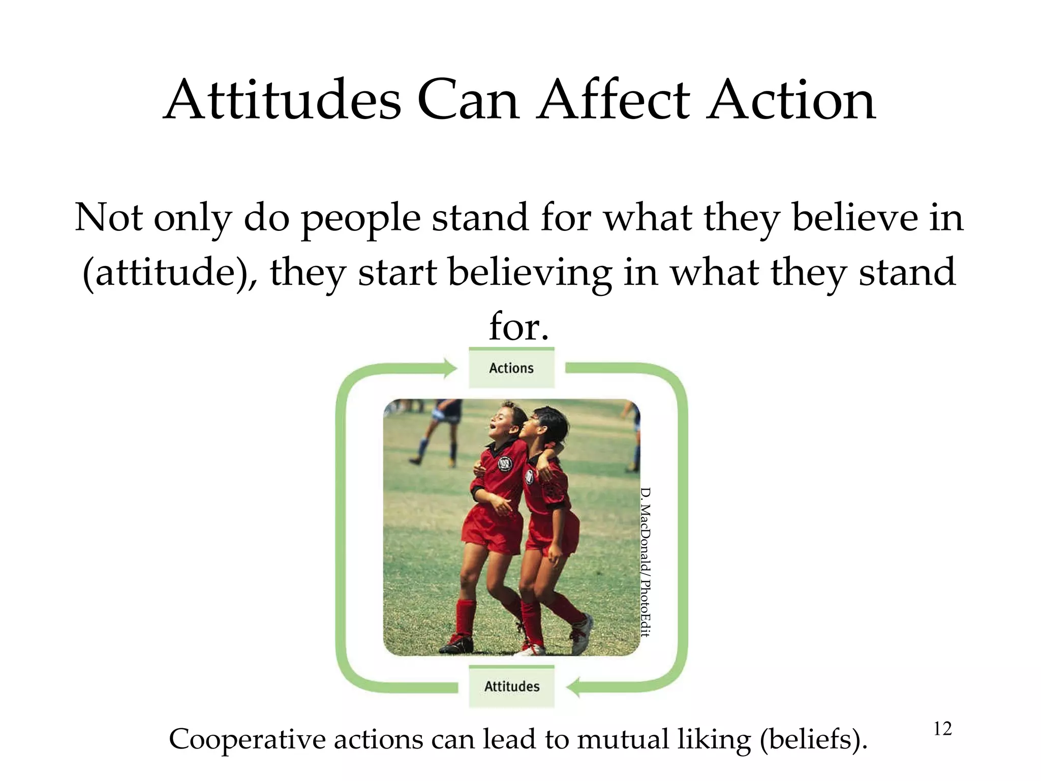 Attitudes Can Affect Action Not only do people stand for what they believe in (attitude), they start believing in what they stand for. Cooperative actions can lead to mutual liking (beliefs). D. MacDonald/ PhotoEdit 