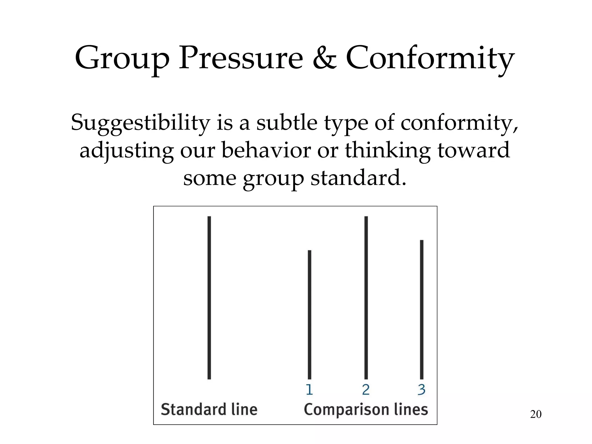 Group Pressure & Conformity Suggestibility is a subtle type of conformity, adjusting our behavior or thinking toward some group standard. 