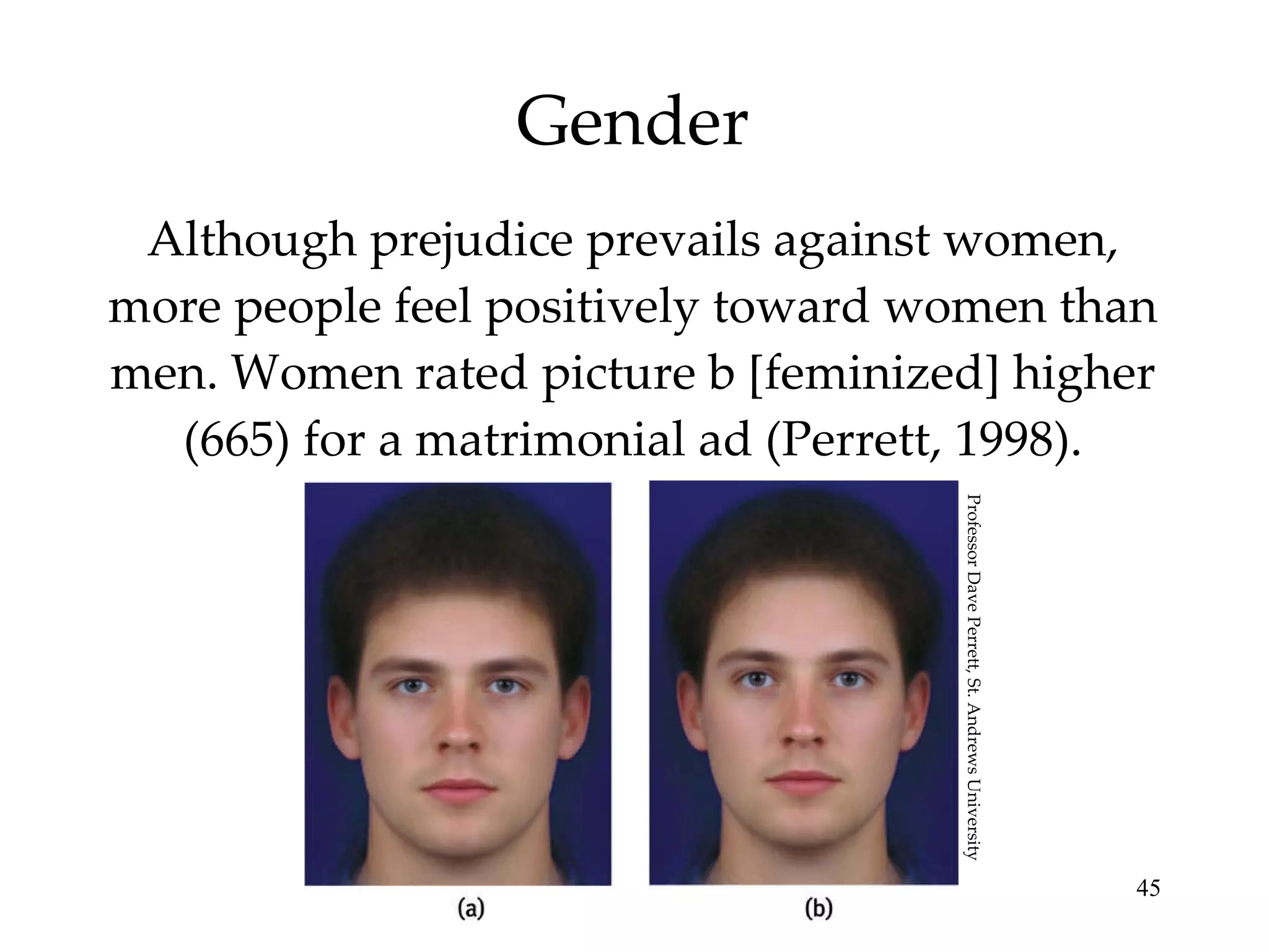 Gender Although prejudice prevails against women, more people feel positively toward women than men. Women rated picture b [feminized] higher (665) for a matrimonial ad (Perrett, 1998). Professor Dave Perrett, St. Andrews University 