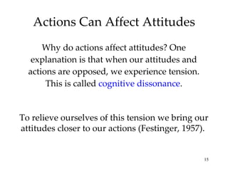 Actions Can Affect Attitudes Why do actions affect attitudes? One explanation is that when our attitudes and actions are opposed, we experience tension. This is called  cognitive dissonance . To relieve ourselves of this tension we bring our attitudes closer to our actions (Festinger, 1957).  