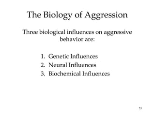 The Biology of Aggression Three biological influences on aggressive behavior are: Genetic Influences Neural Influences Biochemical Influences 